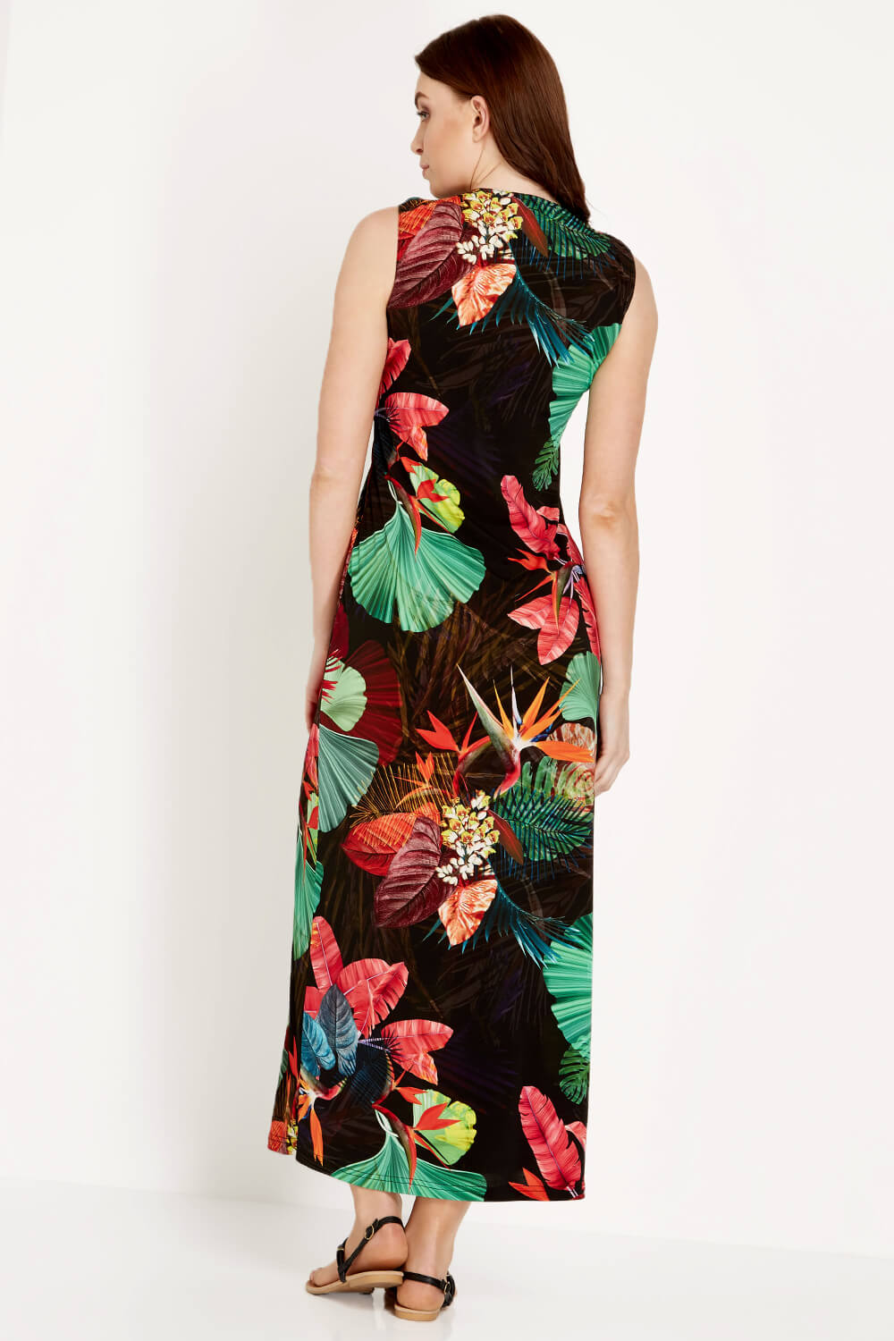 Black V Neck Tropical Print Maxi Dress, Image 2 of 4