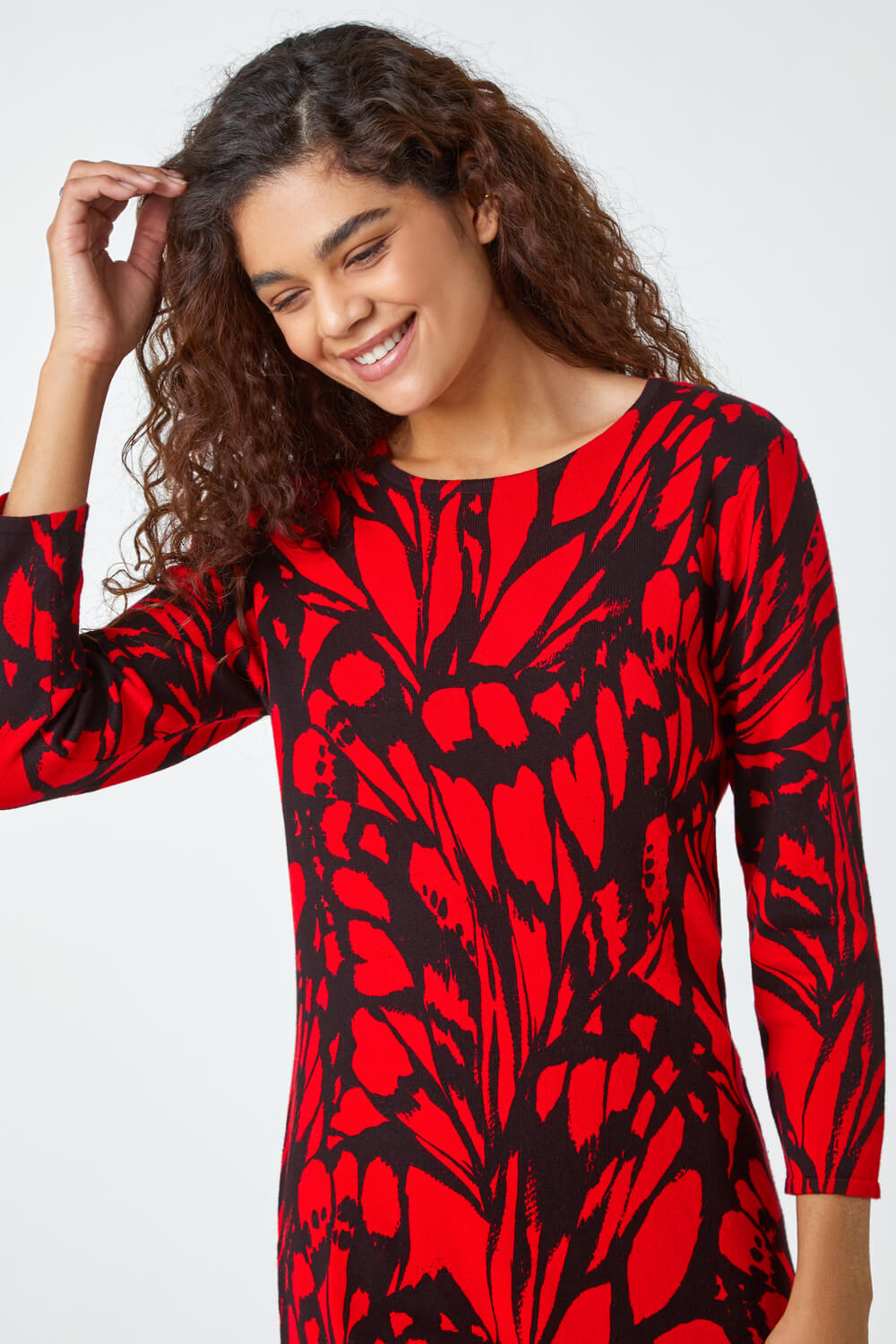Red Butterfly Print Knitted Stretch Dress, Image 4 of 5