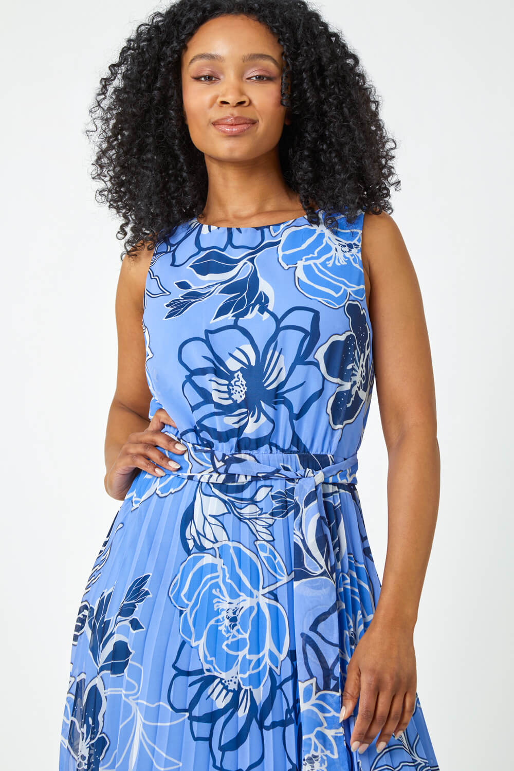 Blue Petite Floral Print Pleated Midi Dress, Image 4 of 5