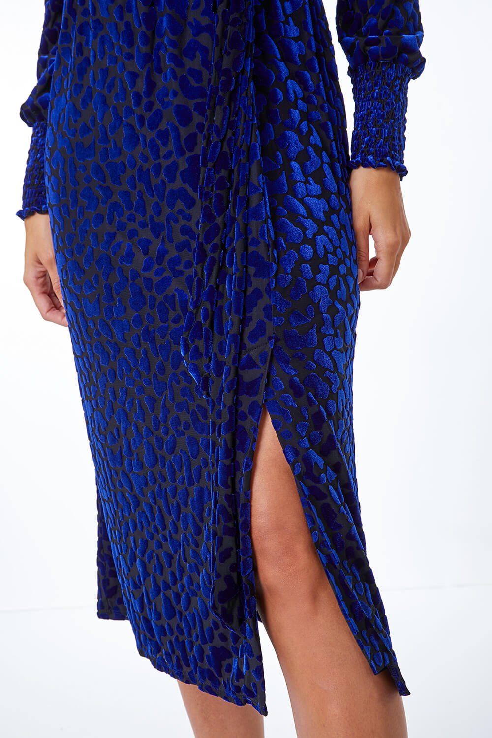 Blue Animal Velvet Stretch Wrap Dress, Image 5 of 5