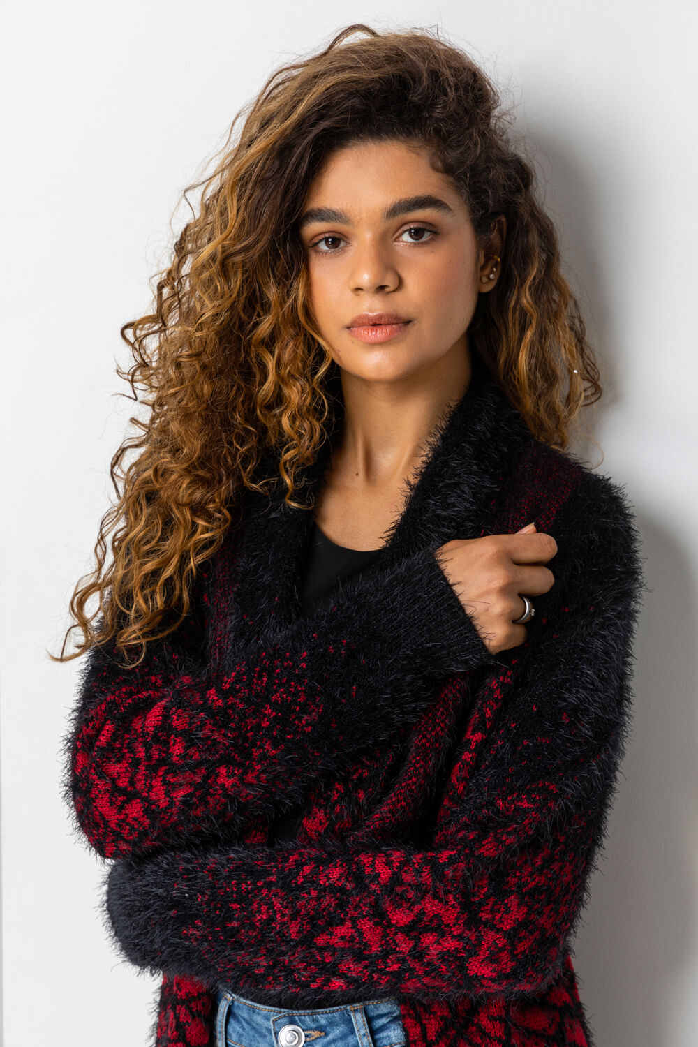 Red Mosaic Print Fluffy Cardigan, Image 4 of 4