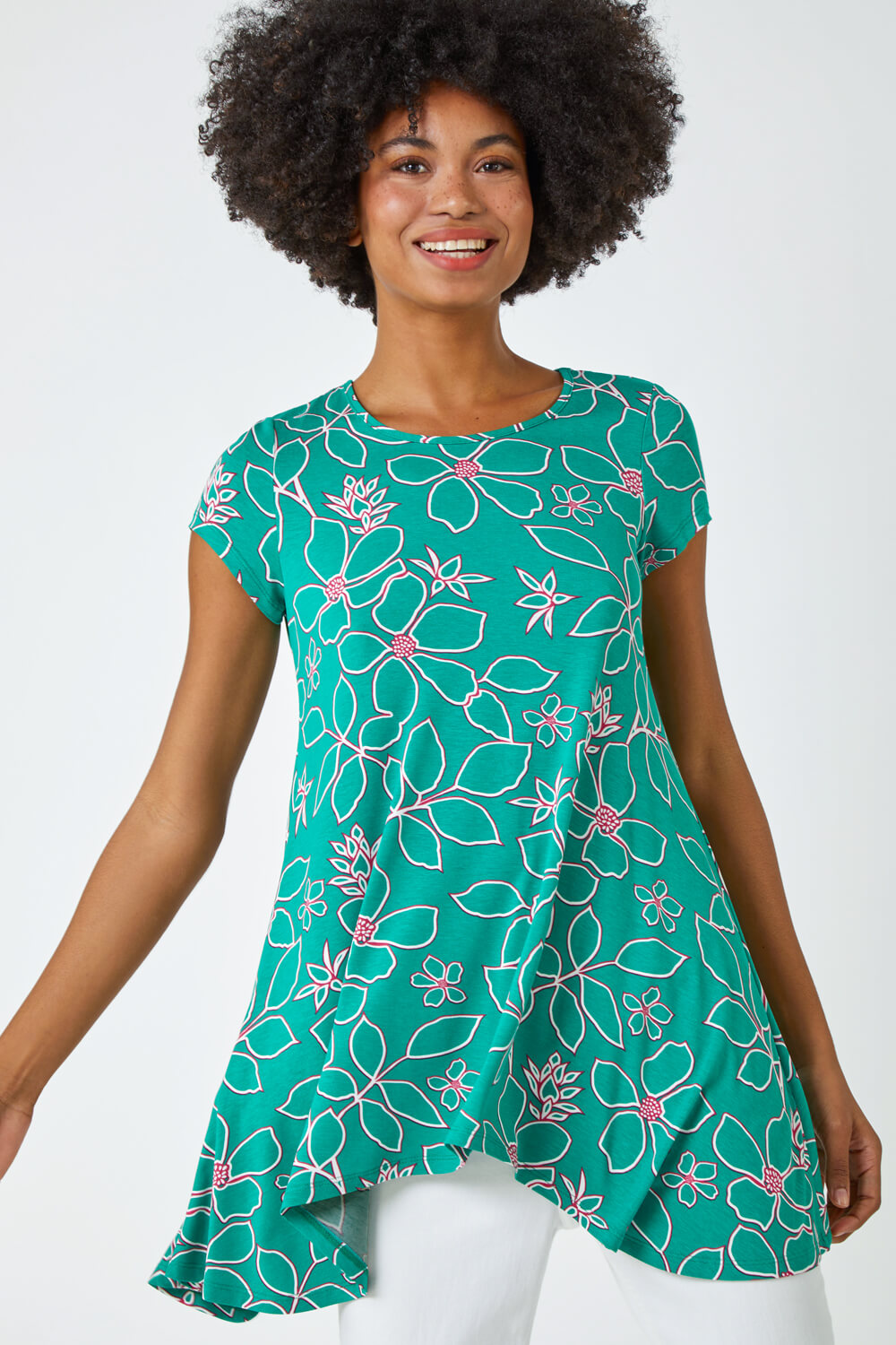 Green Floral Hanky Hem Tunic Top, Image 4 of 5