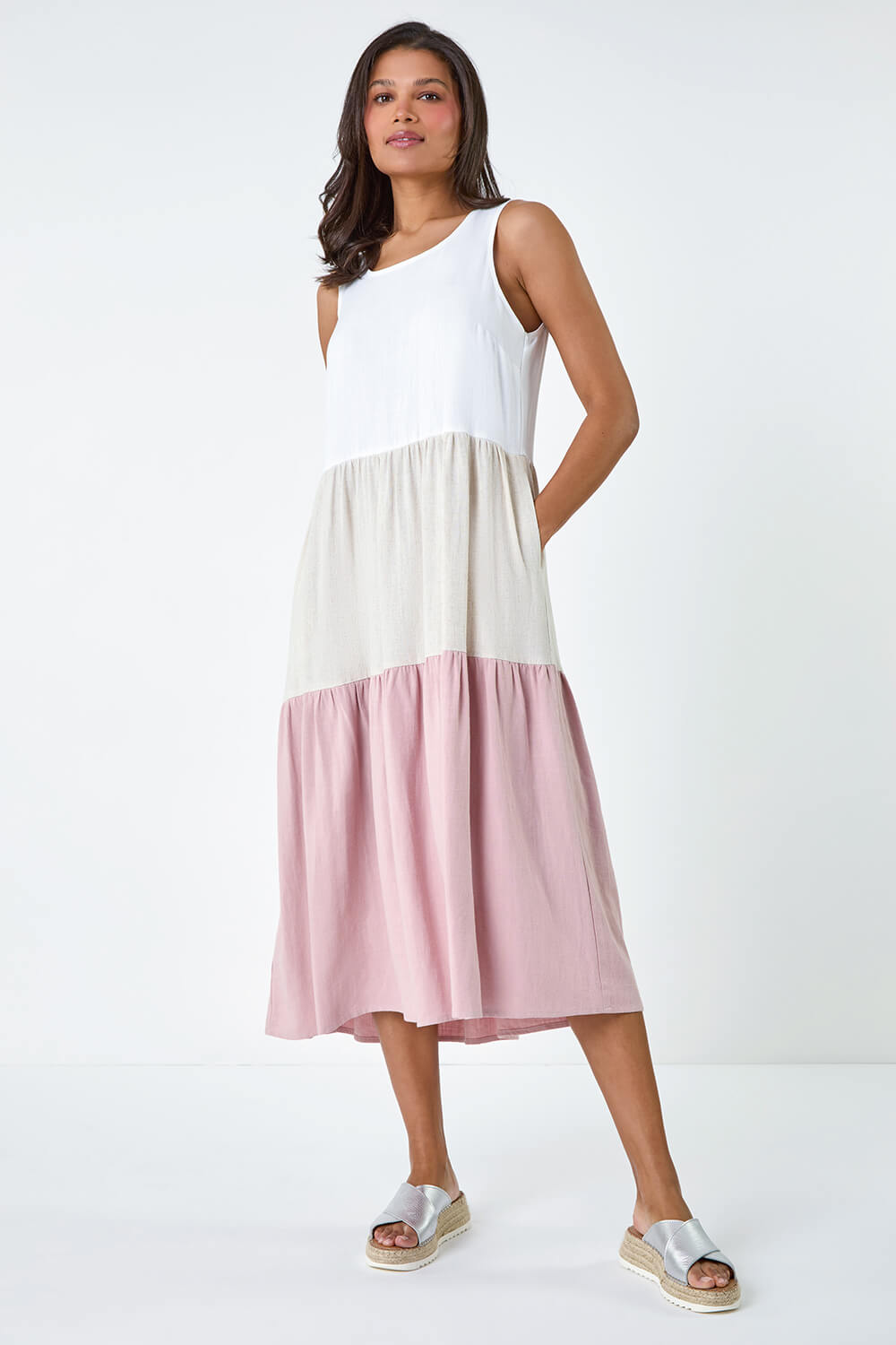 Light Pink Tiered Linen Blend Colour Block Dress, Image 2 of 5