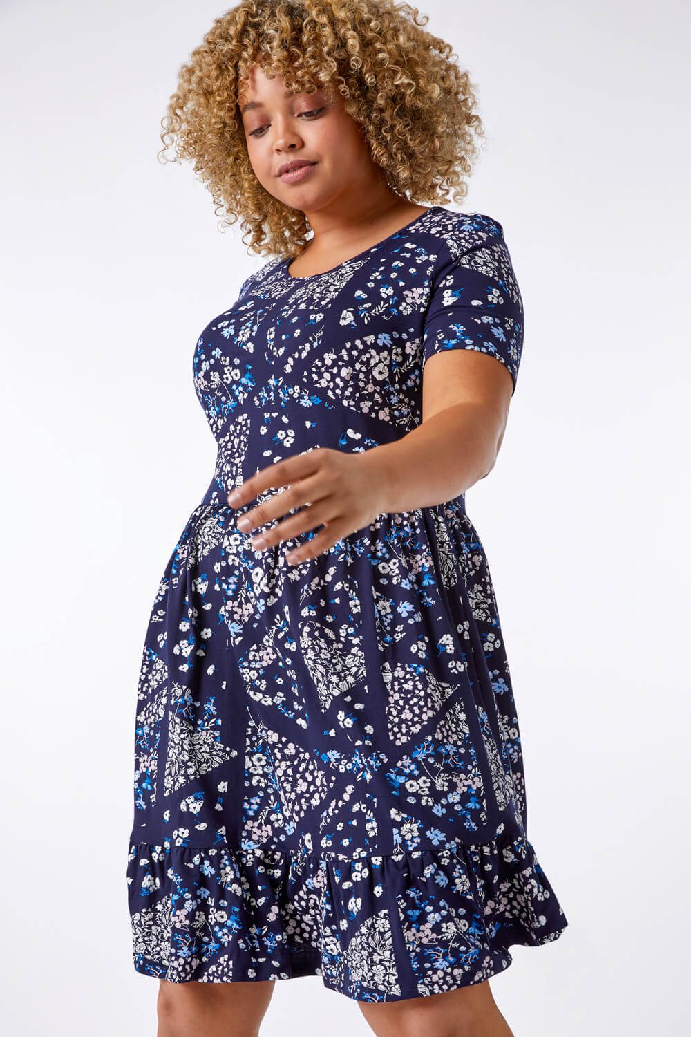 Navy  Curve Ditsy Floral Patchwork Swing Dress, Image 3 of 5