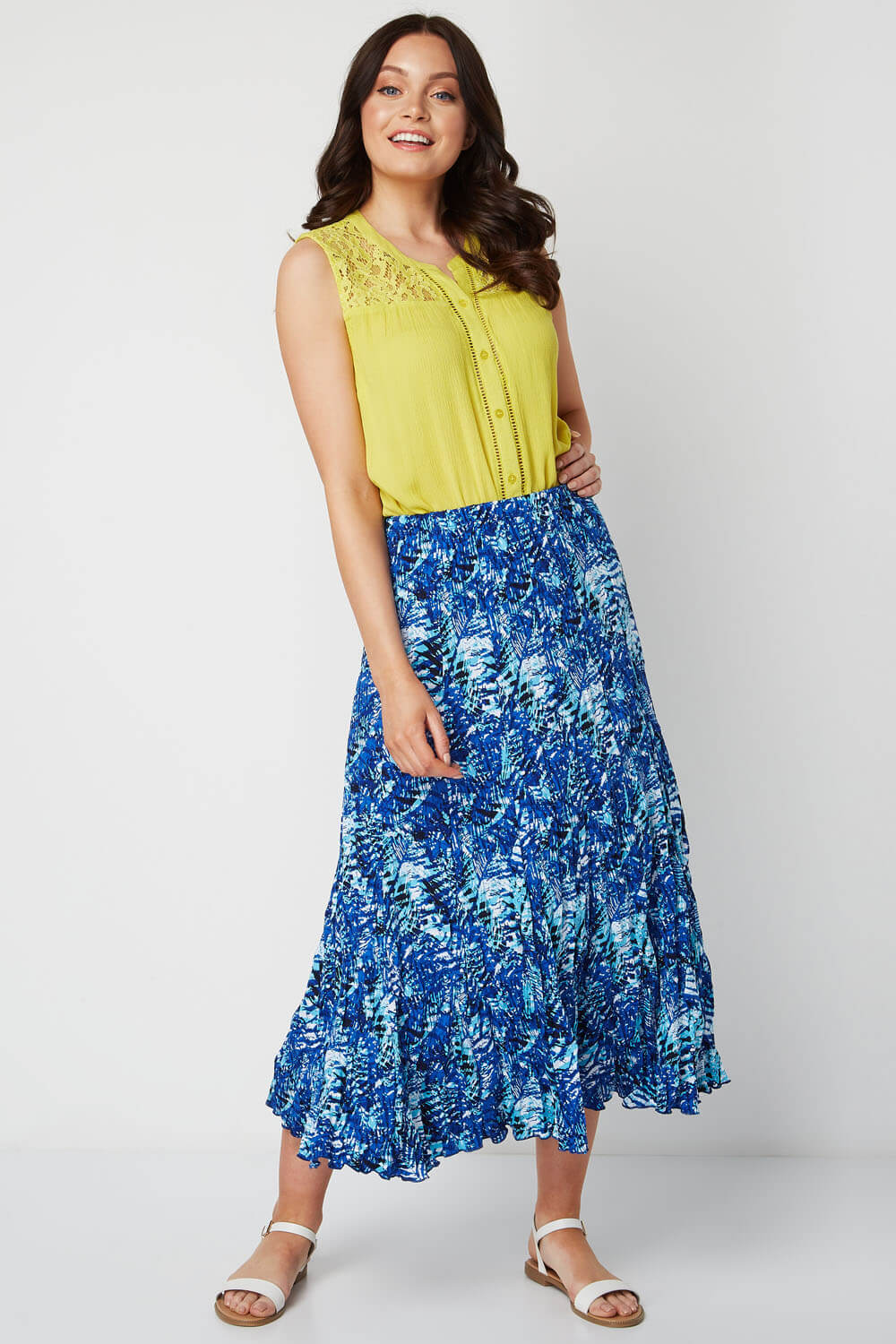 Blue Tropical Print Crinkle Midi Skirt, Image 3 of 4