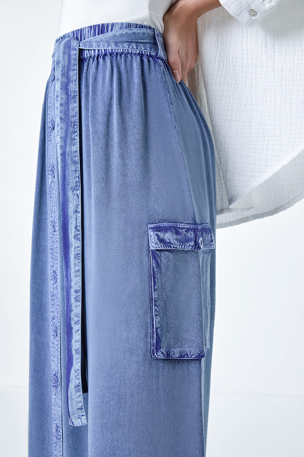 Denim Elastic Waist Button Front Pocket A Line Skirt, Image 5 of 5