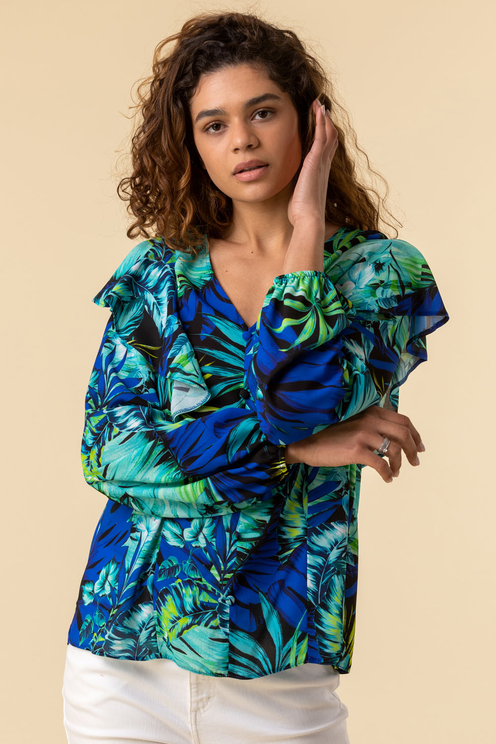 Green Palm Print Frill Sleeve Top, Image 4 of 5