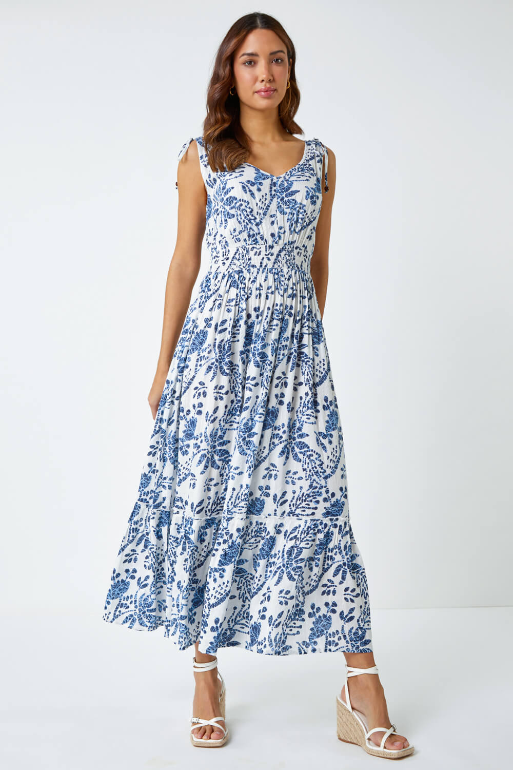 Blue Floral Print Shirred Waist Maxi Dress | Roman UK