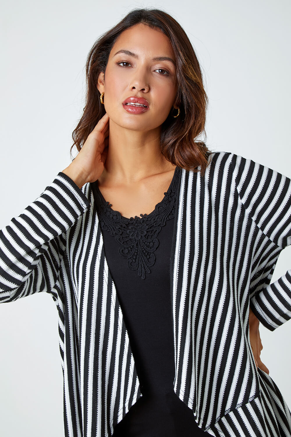 Black Stripe Cardigan & Lace Vest Stretch Top, Image 4 of 5