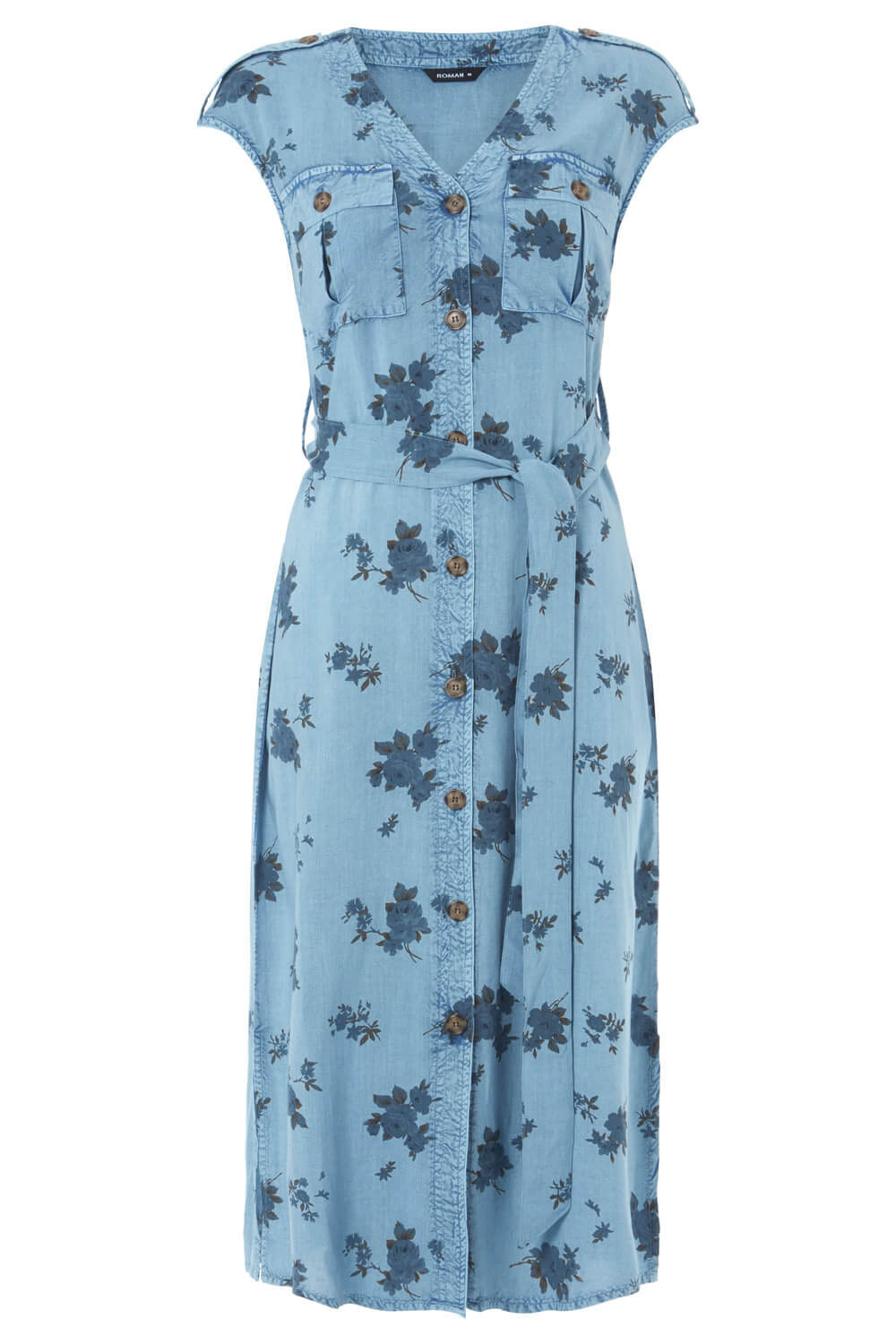 Blue Floral Print Utility Midi Dress, Image 4 of 4