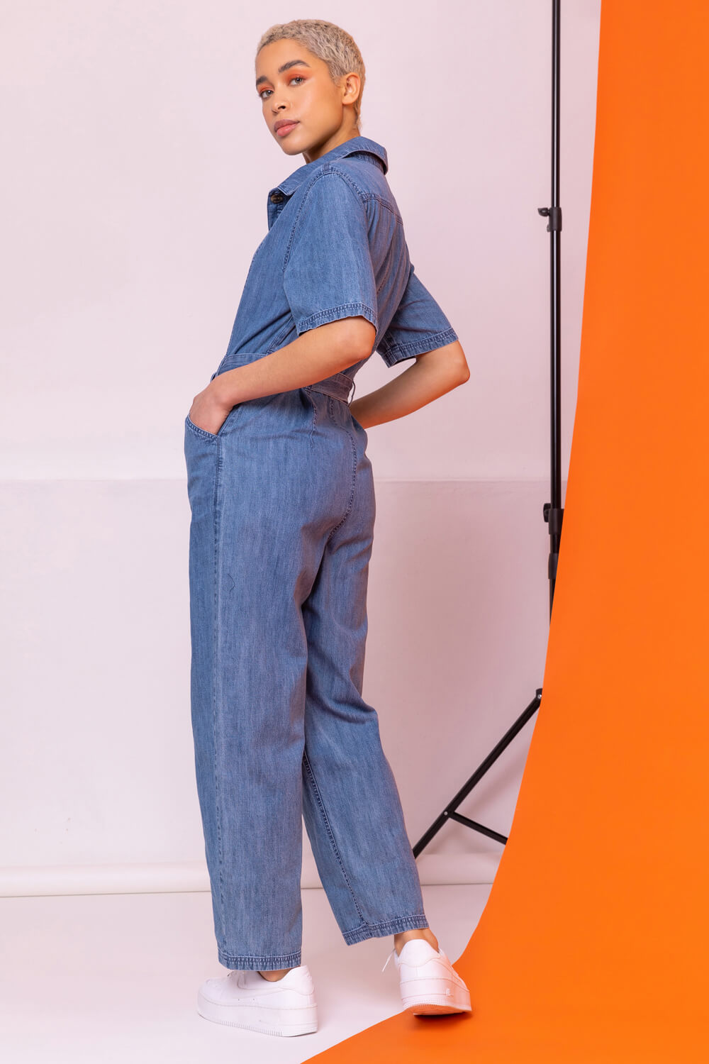 Blue Denim Button Through Belted Jumpsuit, Image 2 of 5