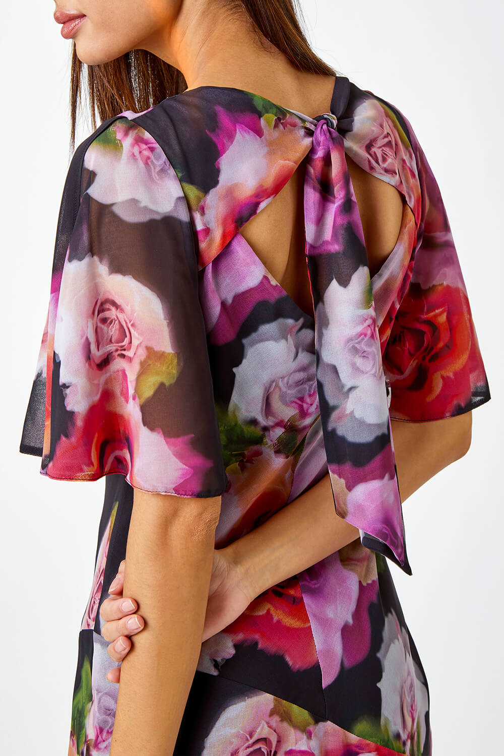 Black Floral Print Tie Back Maxi Dress, Image 5 of 5