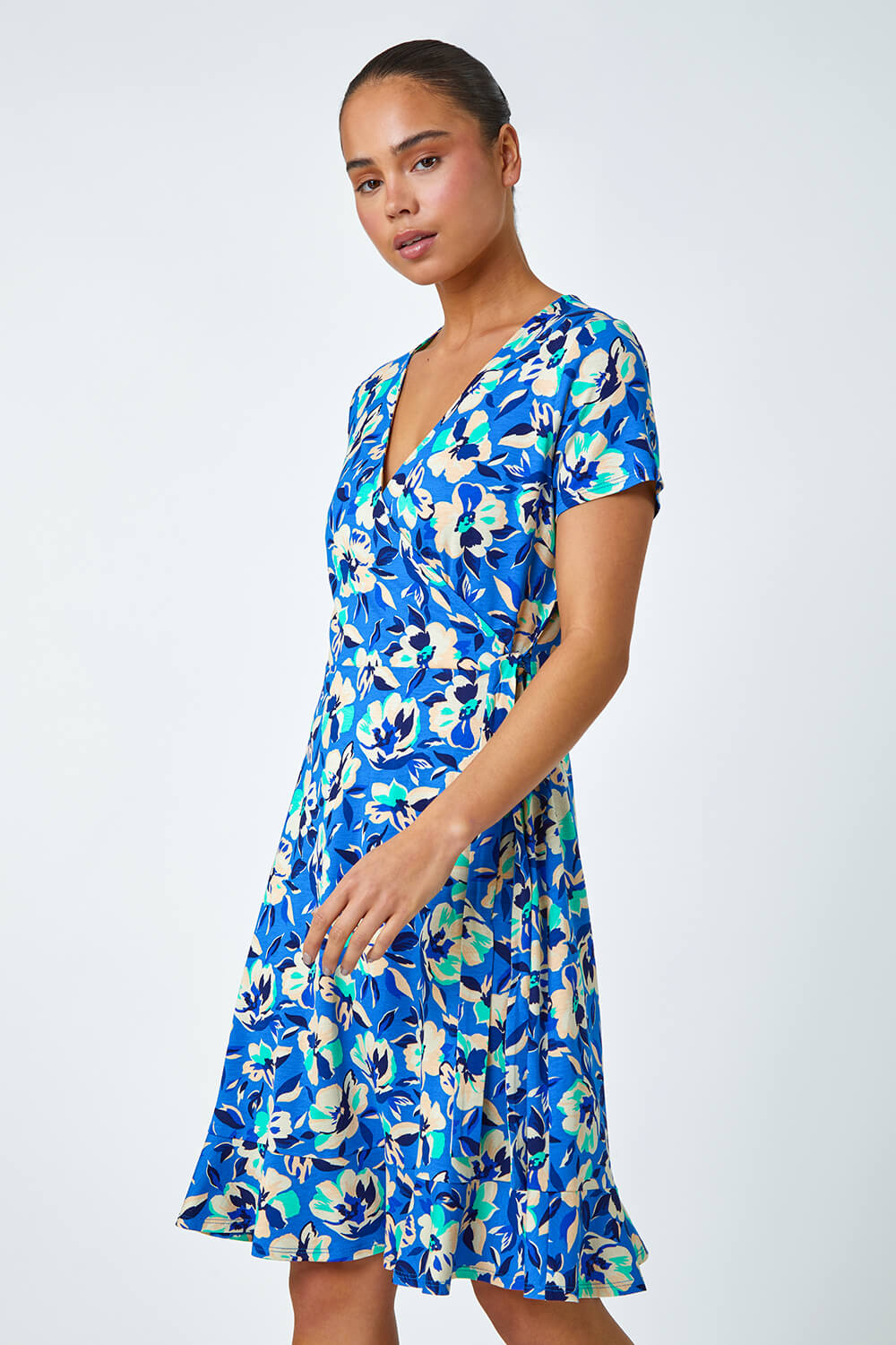 Turquoise Petite Floral Stretch Wrap Dress, Image 2 of 5