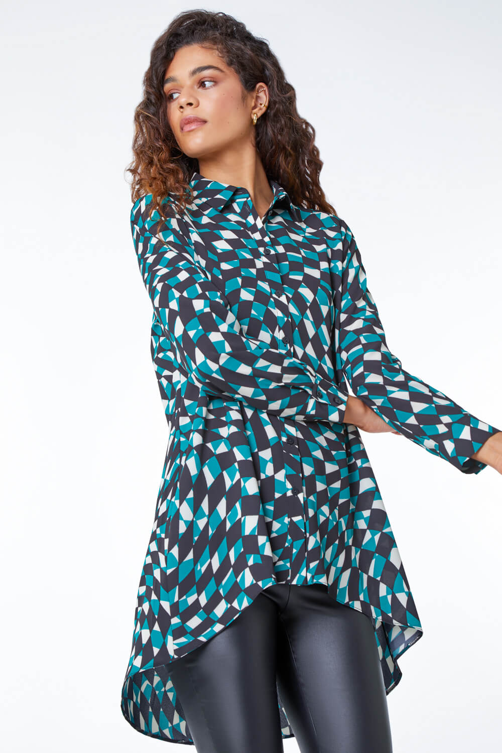 Green Abstract Print Dropped Hem Blouse, Image 2 of 5