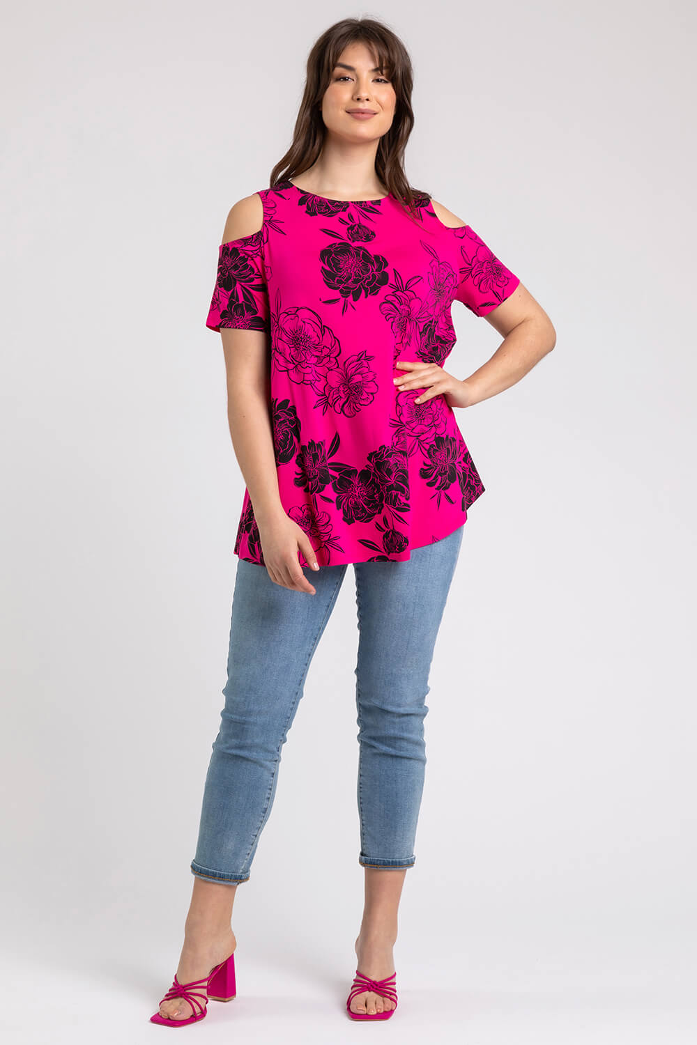 Fuchsia Curve Floral Print Cold Shoulder Jersey Top, Image 3 of 4