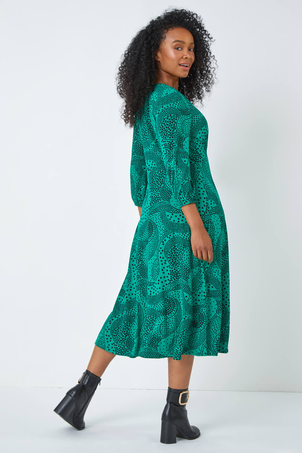Green Petite Abstract Spot Stretch Midi Dress, Image 3 of 5