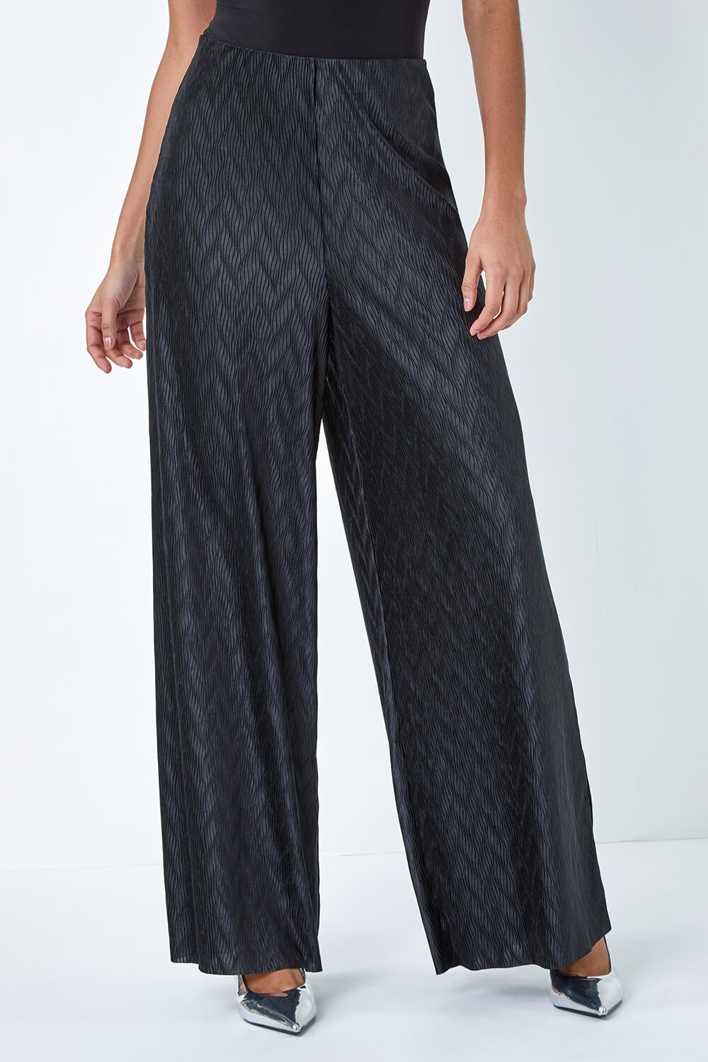 Black Plisse Wave Wide Leg Stretch Trousers, Image 4 of 5