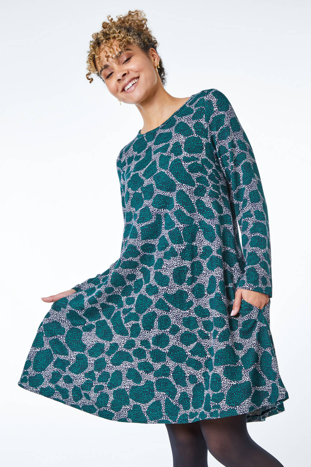 Teal Petite Leopard Print Mini Swing Dress, Image 2 of 5