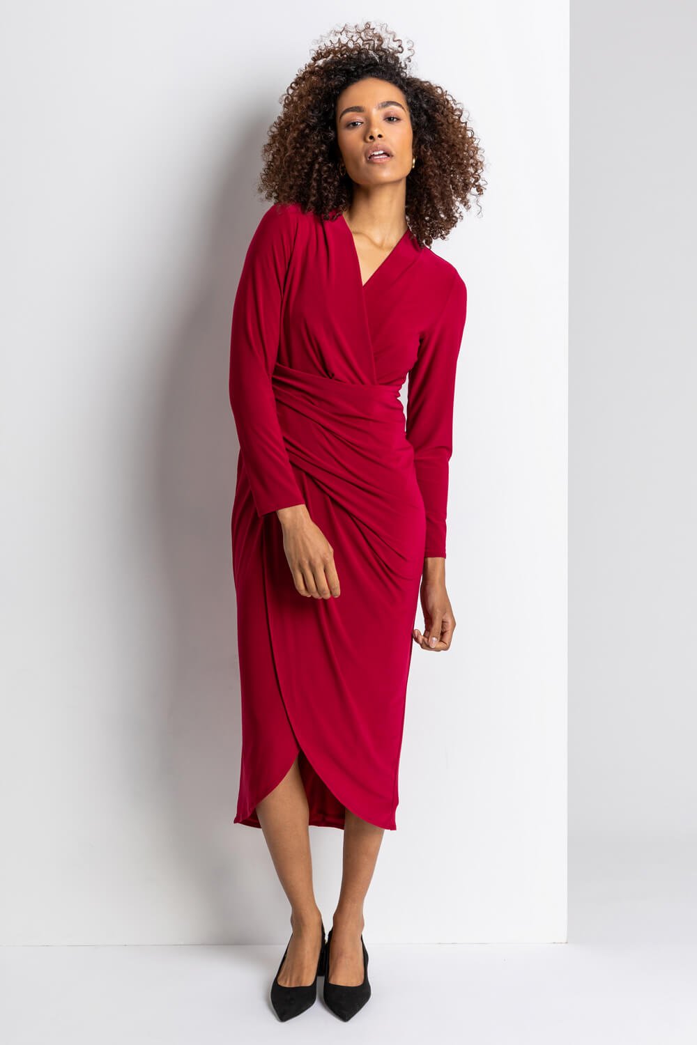 Wine Fitted Jersey Wrap Dress, Image 5 of 5