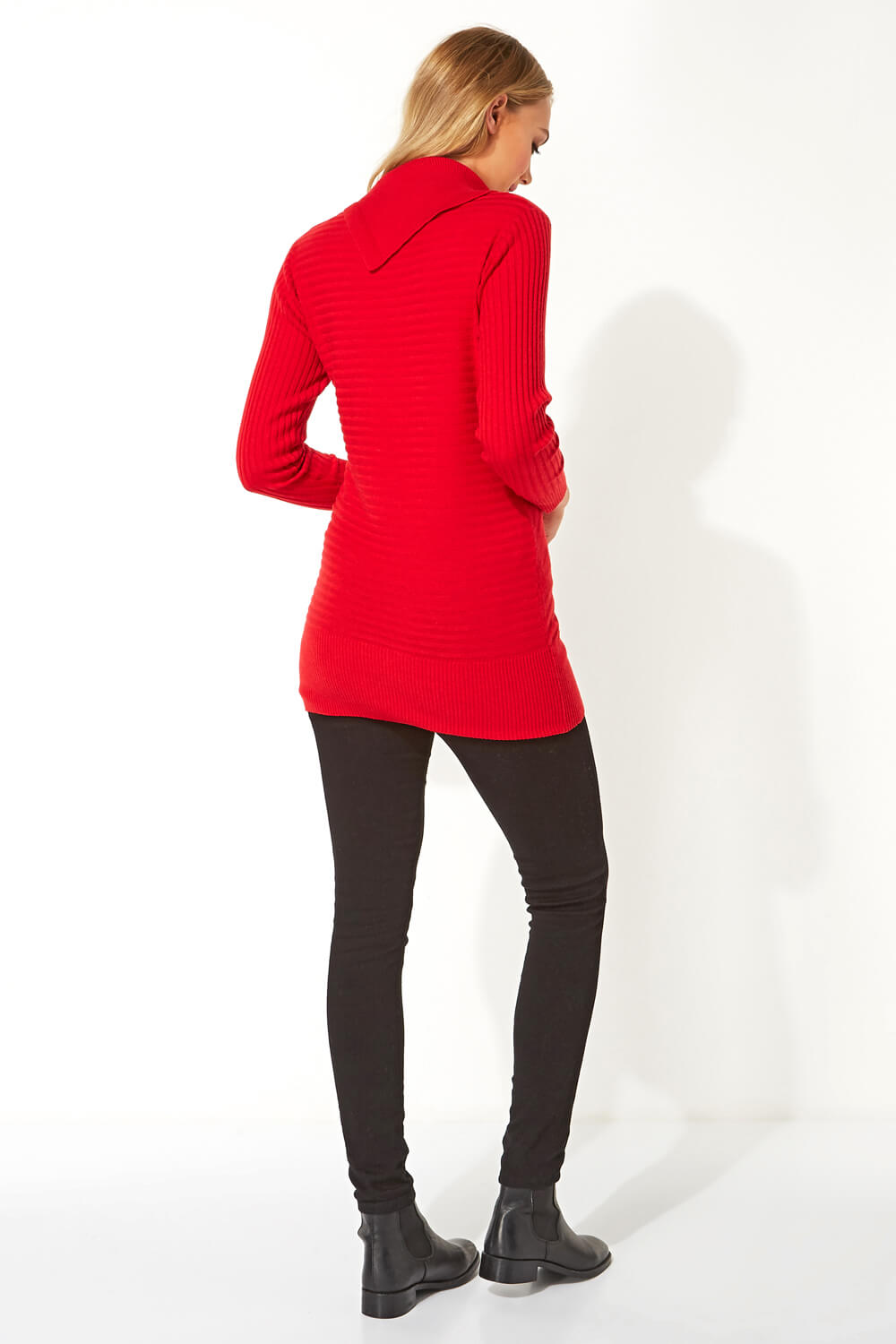 Red Split Button Neck Chevron Ribbed Tunic, Image 3 of 5