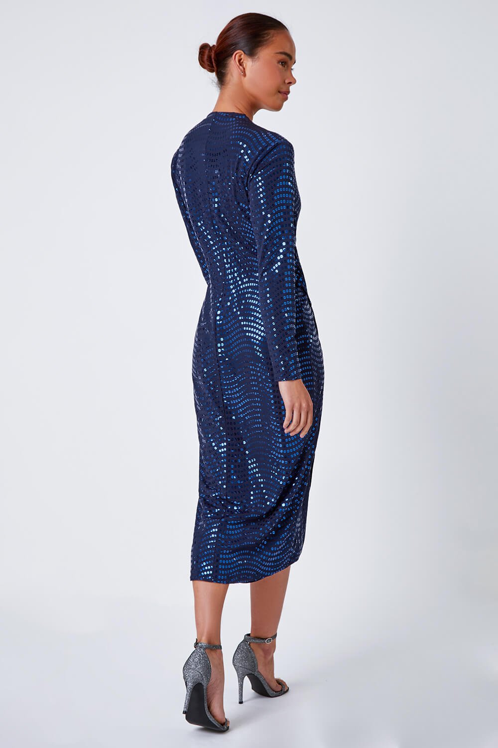 Midnight Blue Petite Sequin Wrap Midi Dress, Image 3 of 5