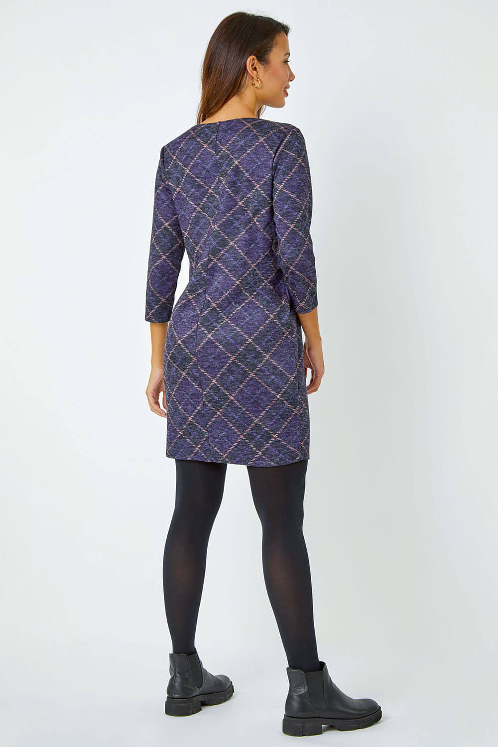Purple Check Print Pocket Shift Dress, Image 3 of 6