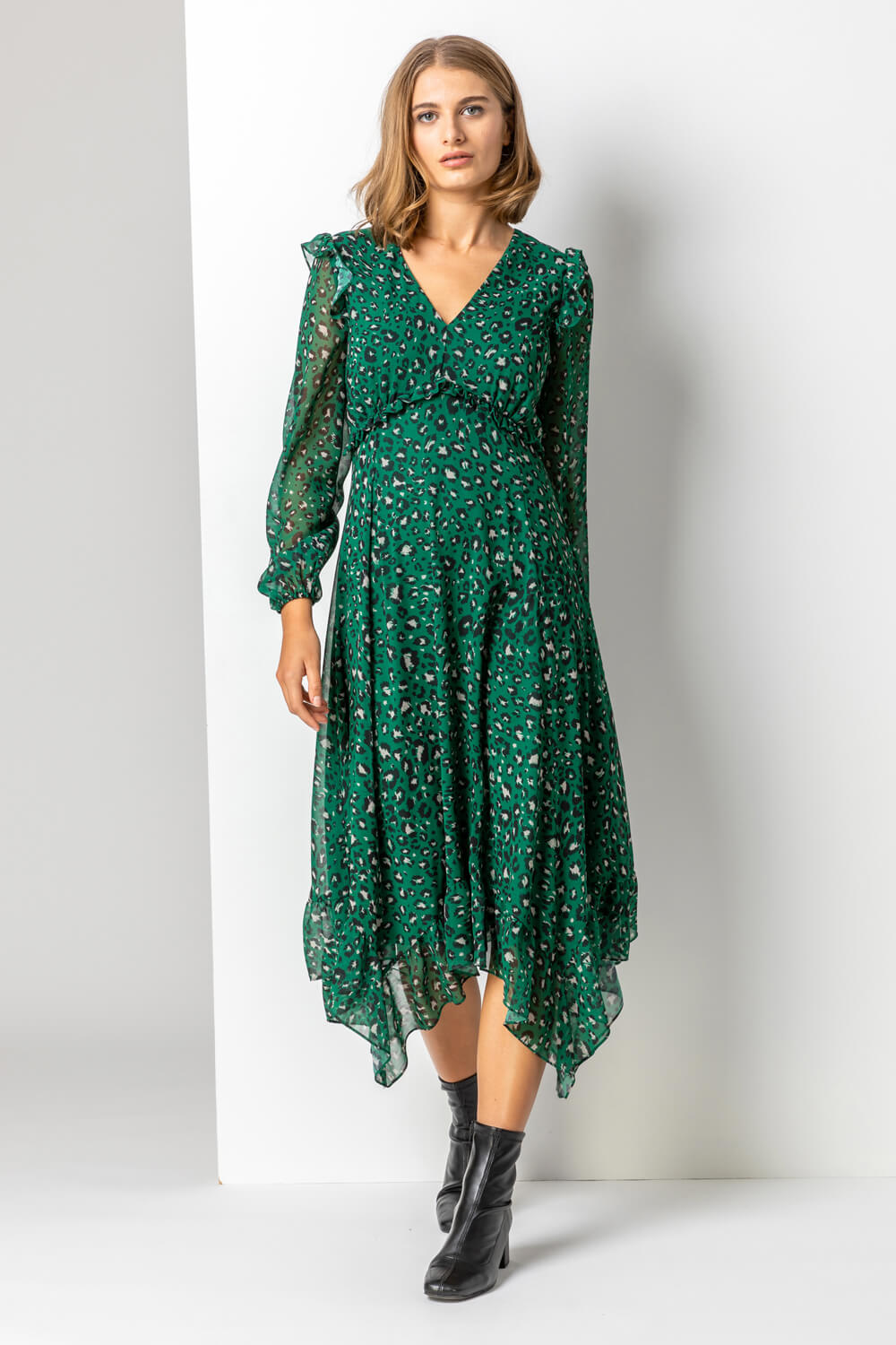 Green Animal Print Chiffon Midi Dress, Image 3 of 5