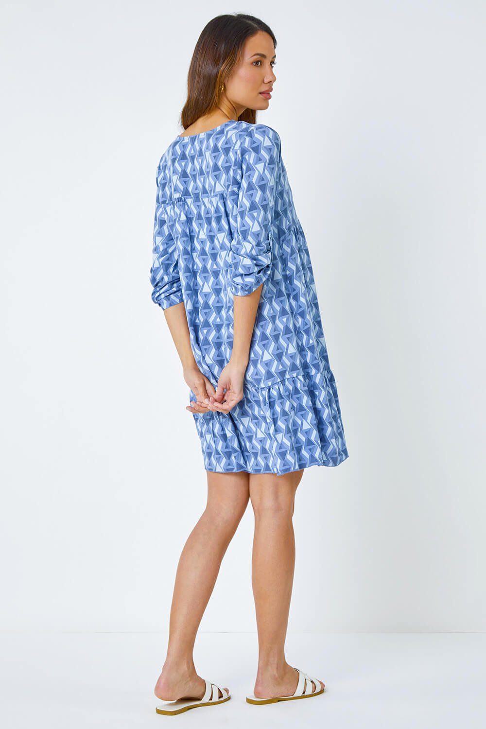 Blue Geometric Print Relaxed Smock Dress, Image 3 of 5