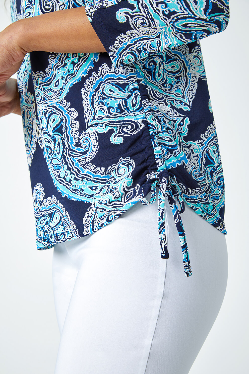 Blue Textured Paisley Print Stretch Top, Image 5 of 5