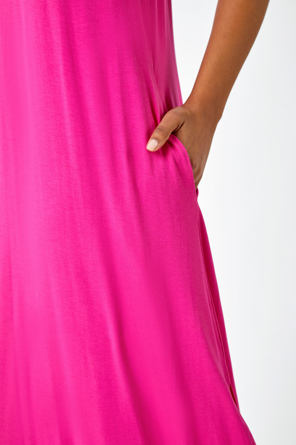 Fuchsia Plain Stretch Jersey Pocket Midi Dress, Image 6 of 6