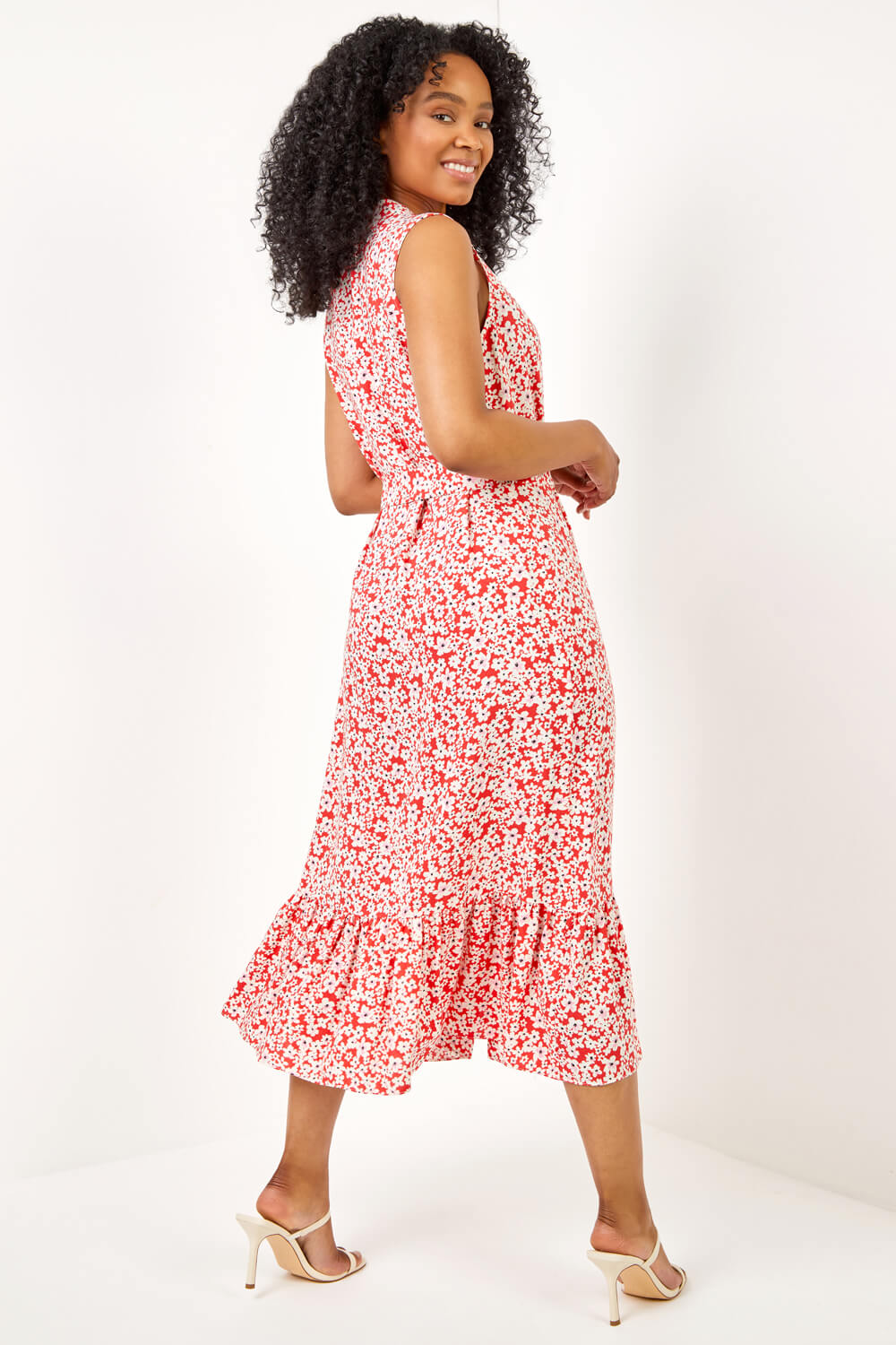Red Petite Ditsy Floral Print Frill Tiered Dress, Image 3 of 5