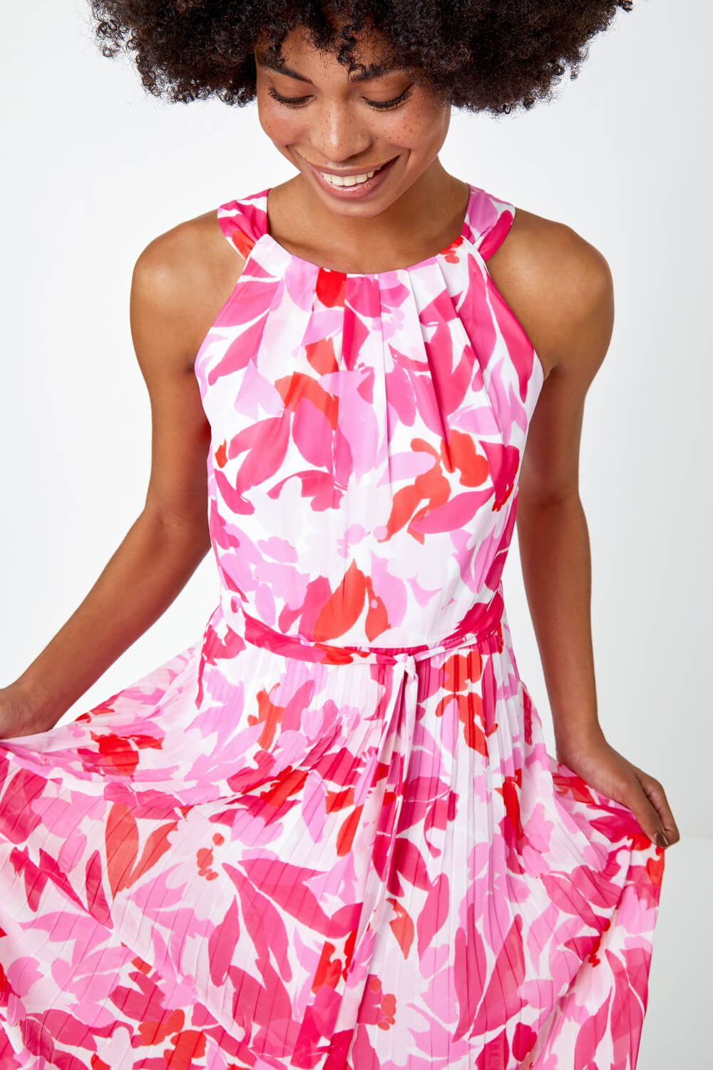 PINK Floral Pleated Halter Neck Maxi Dress, Image 5 of 5