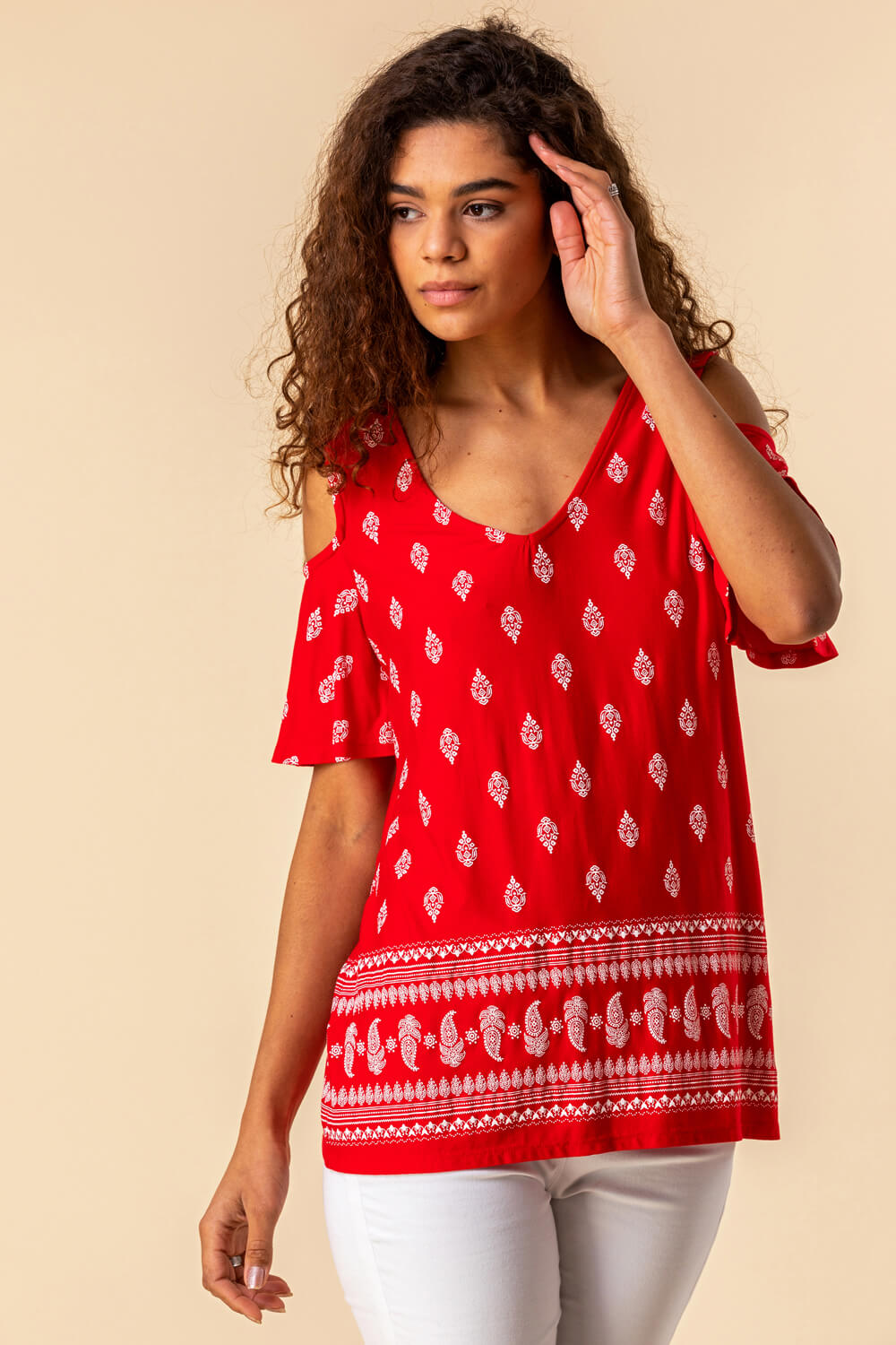 Red Paisley Print Cold Shoulder Top, Image 3 of 4