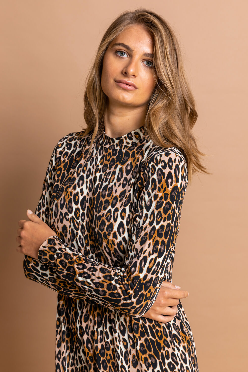 Camel  High Neck Leopard Print Midi Dress, Image 4 of 5