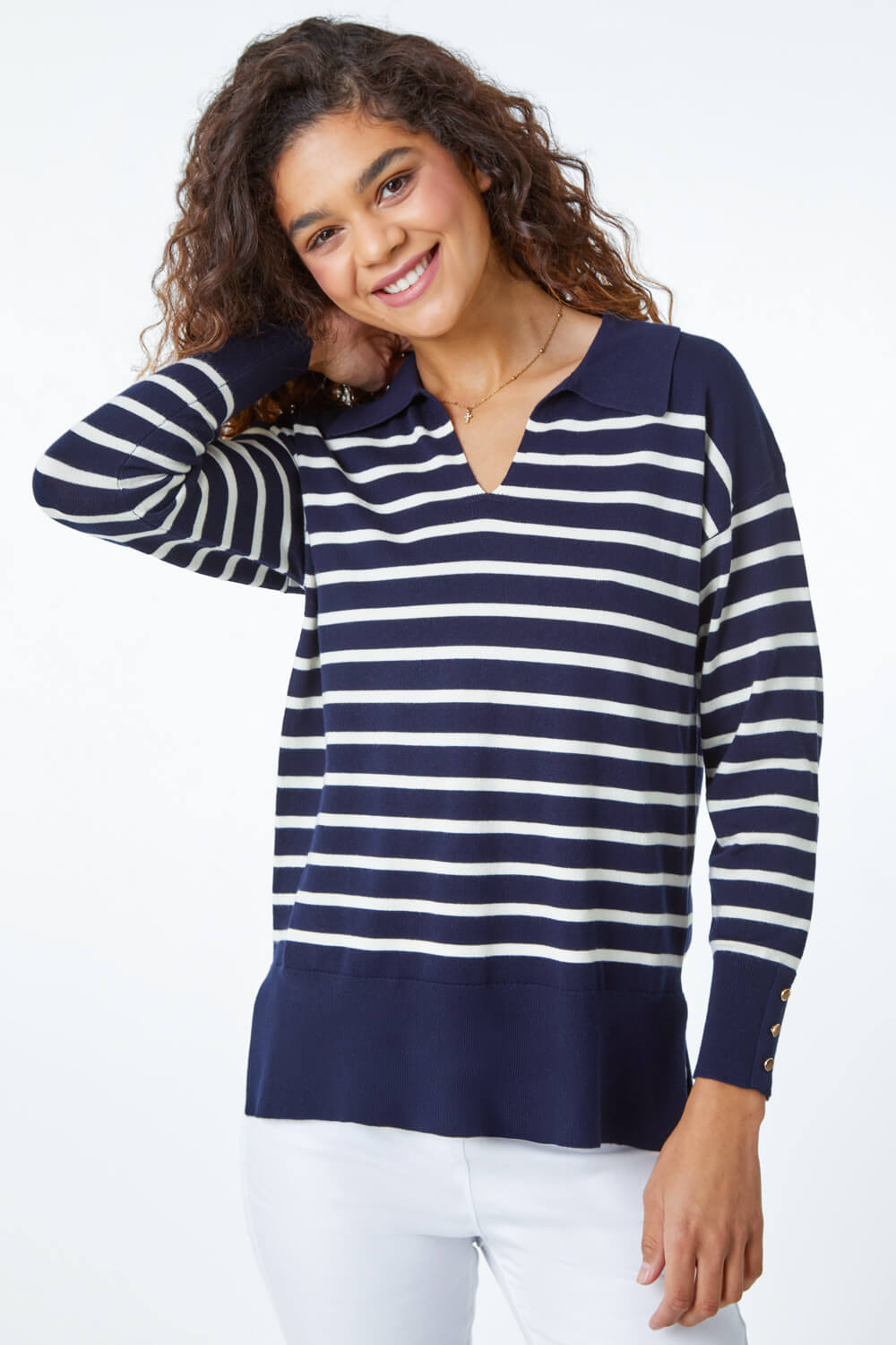 Relaxed Polo Neck Striped Jumper in Navy - Roman Originals UK