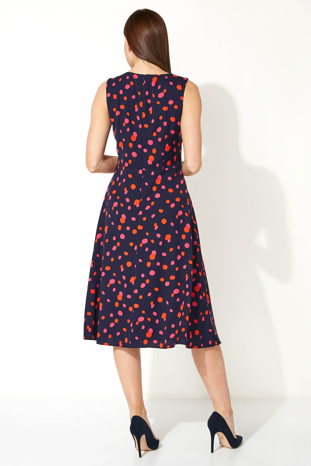 Navy  Polka Dot Fit and Flare Dress, Image 2 of 5