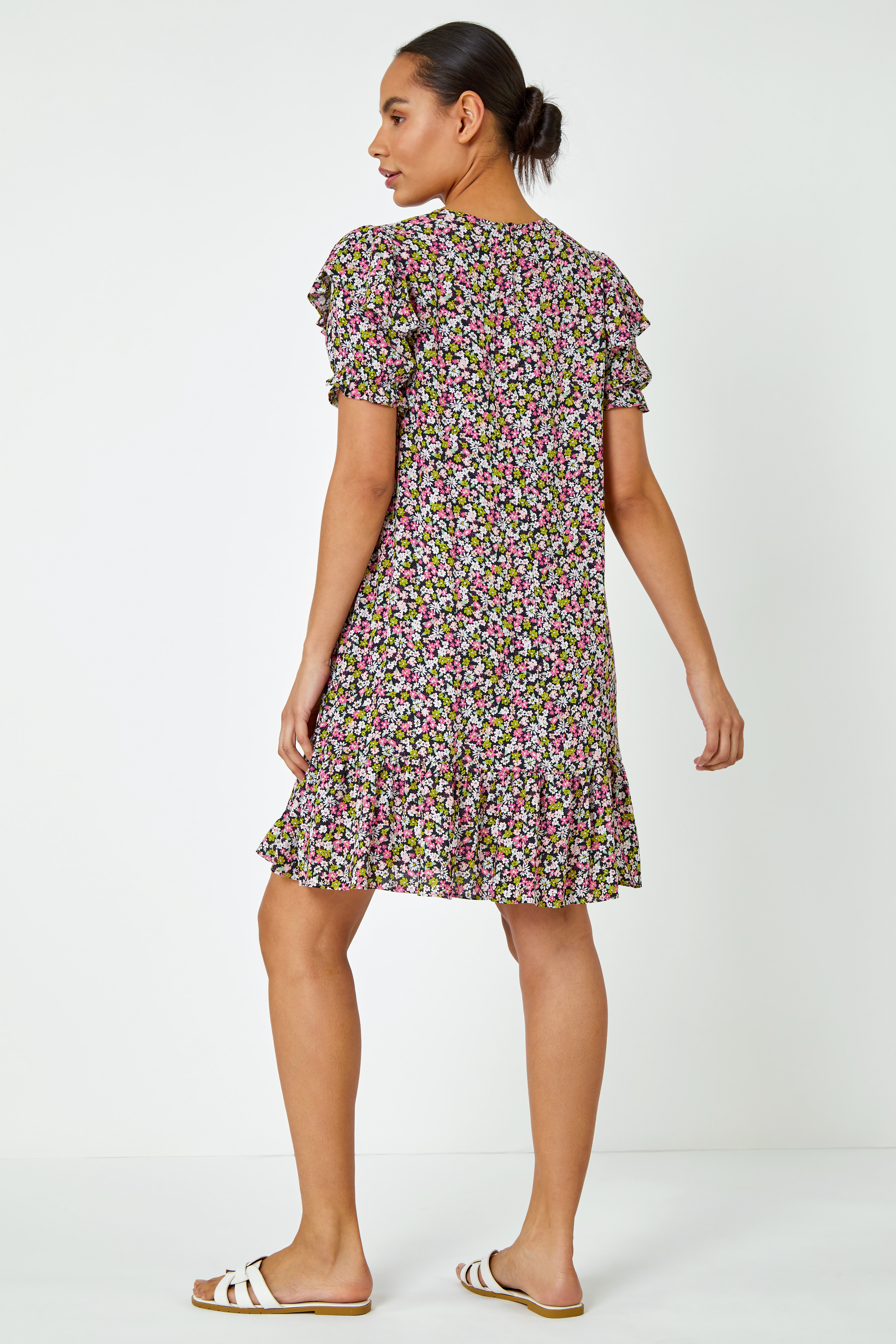 PINK Ditsy Floral Frill Detail Dress, Image 4 of 5