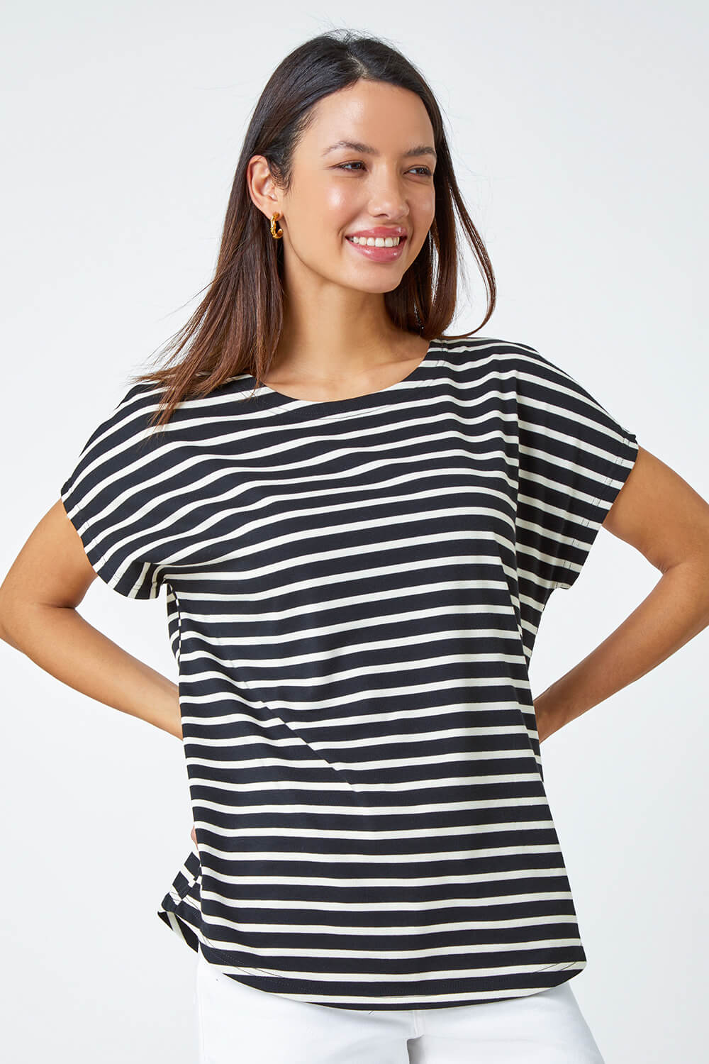 Black Cotton Blend Stripe Print T-Shirt, Image 4 of 5