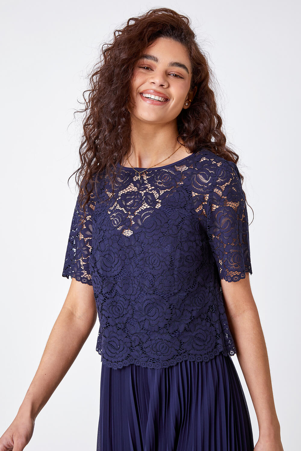 Navy  Lace Top Overlay Pleated Midi Dress, Image 4 of 5