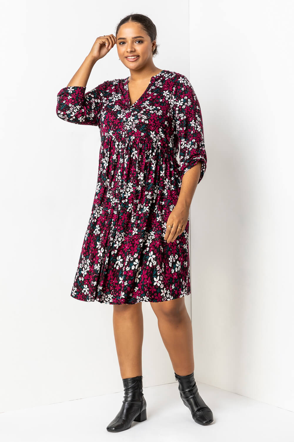 Maroon Curve Floral Print Gathered Waist Dress, Image 3 of 5