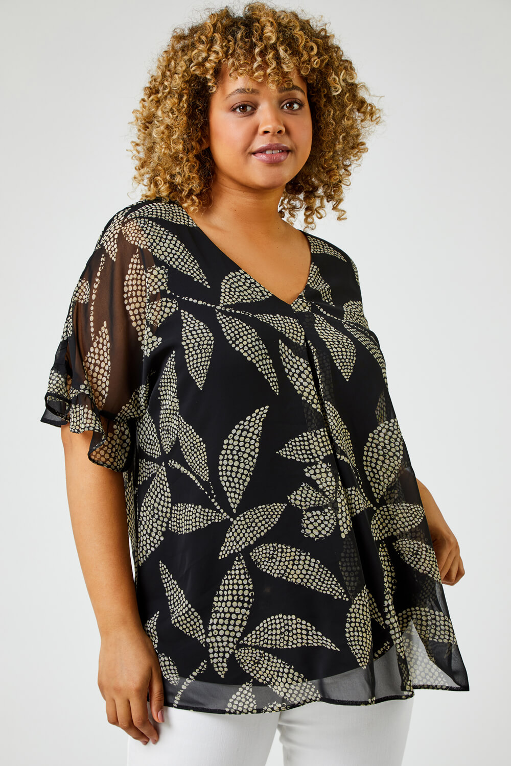 Curve Abstract Leaf Print Chiffon Overlay Top