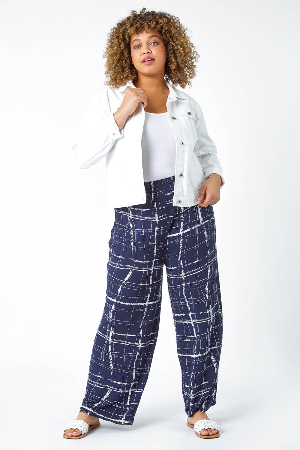 Navy  Curve Check Print Palazzo Trousers, Image 2 of 5