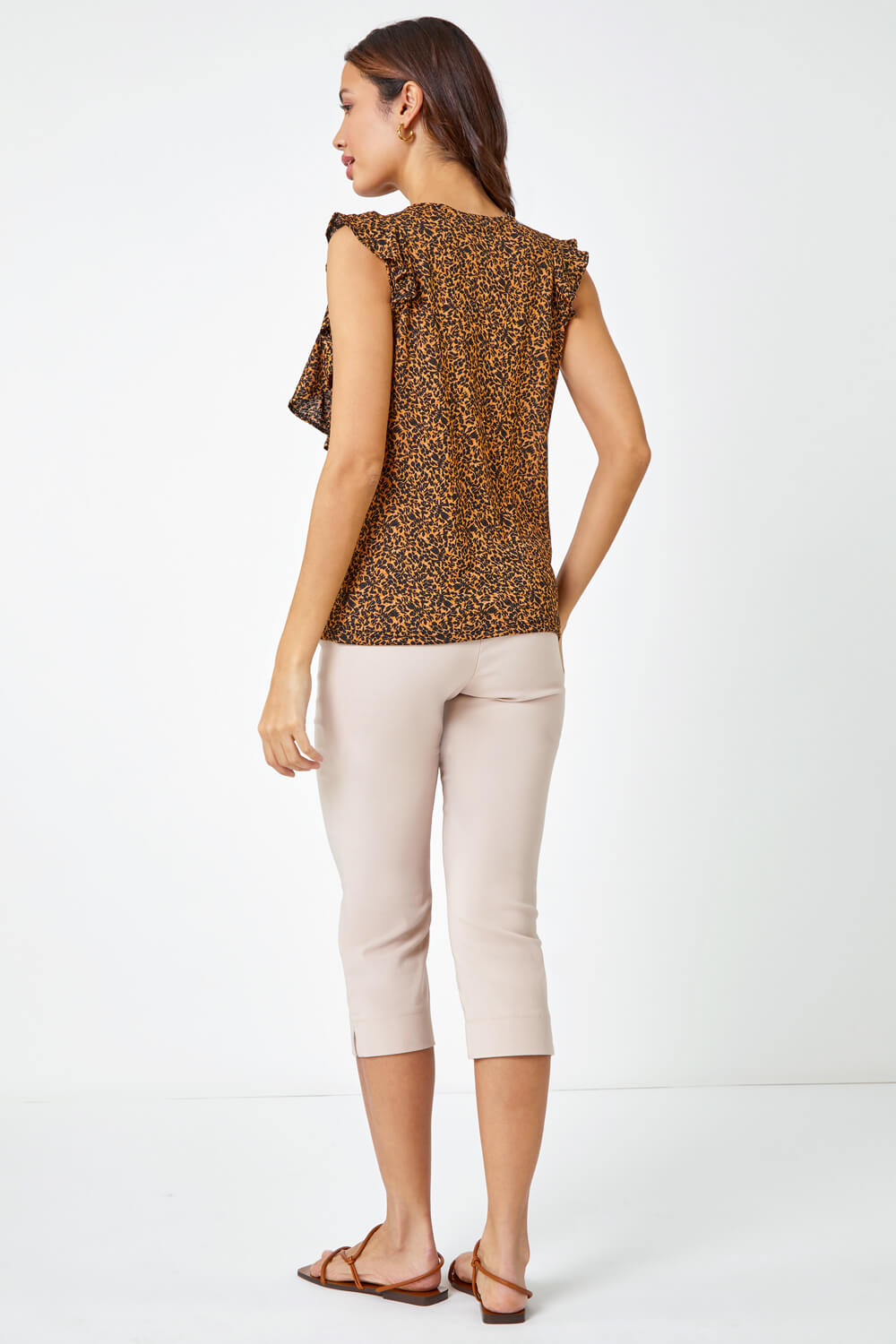 Brown Leopard Print Frill Detail Jersey Top, Image 3 of 5