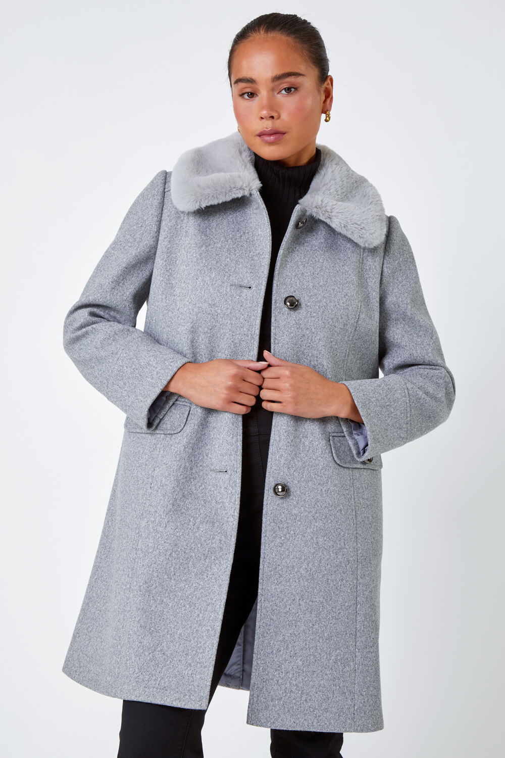 Grey Petite Faux Fur Collar Longline Coat, Image 4 of 5