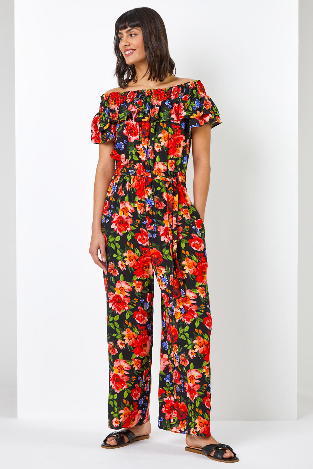 Red Floral Print Frill Neck Jumpsuit, Image 3 of 6