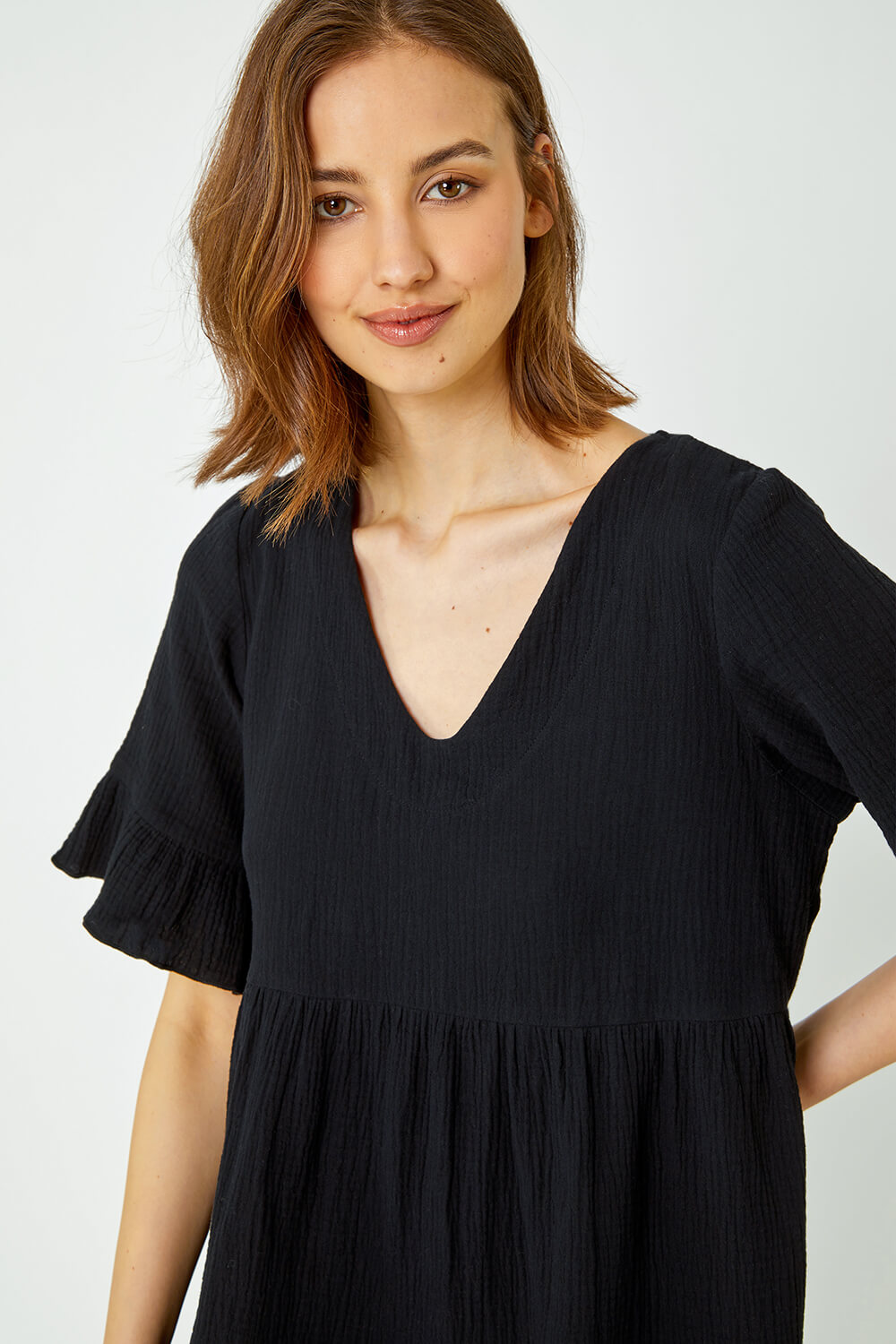 Black Textured Tiered Cotton Smock Dress, Image 4 of 5