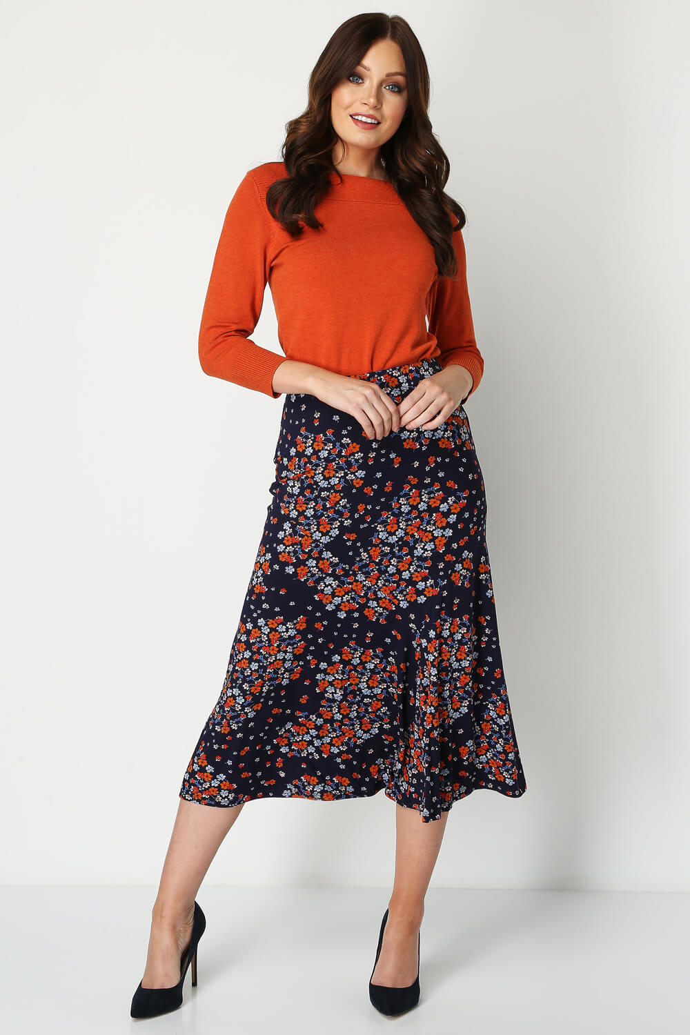 Navy  Panel Ditsy Floral Skirt, Image 3 of 4