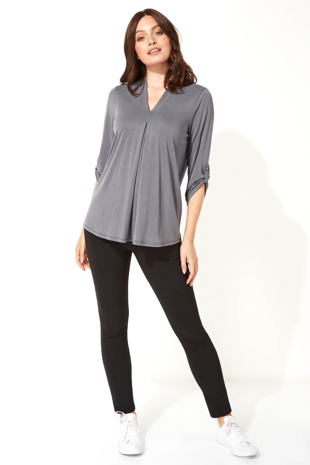 Grey Pleat Front 3/4 Sleeve Top, Image 2 of 5
