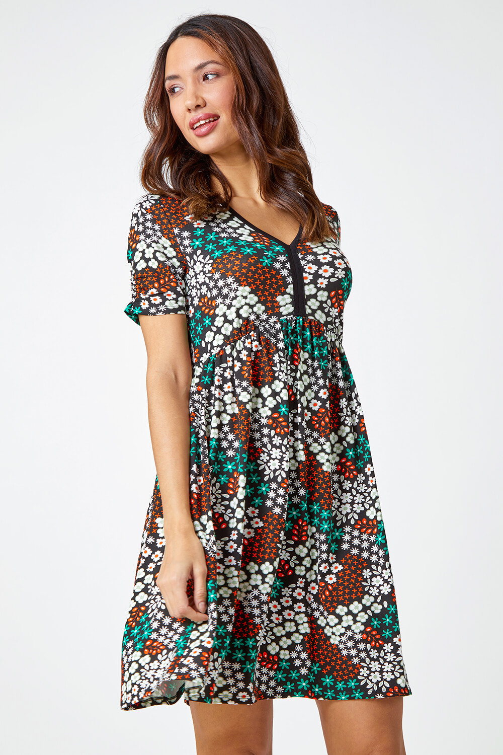 Green Floral Print Stretch Jersey Dress, Image 2 of 5