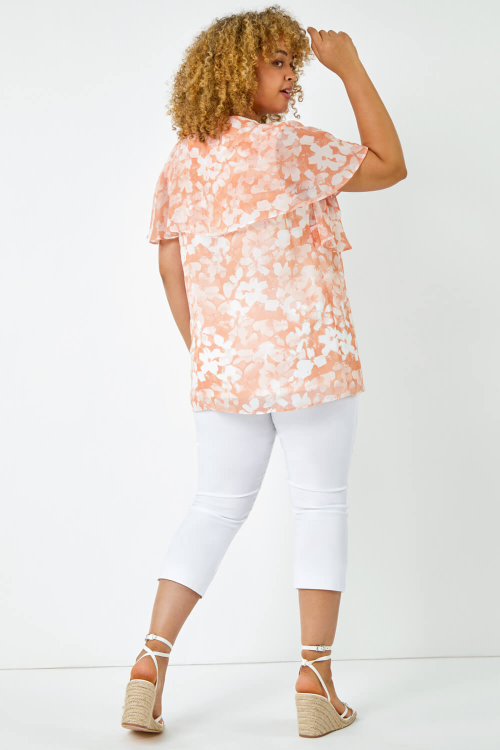 CORAL Curve Floral Chiffon Overlay Top, Image 3 of 5